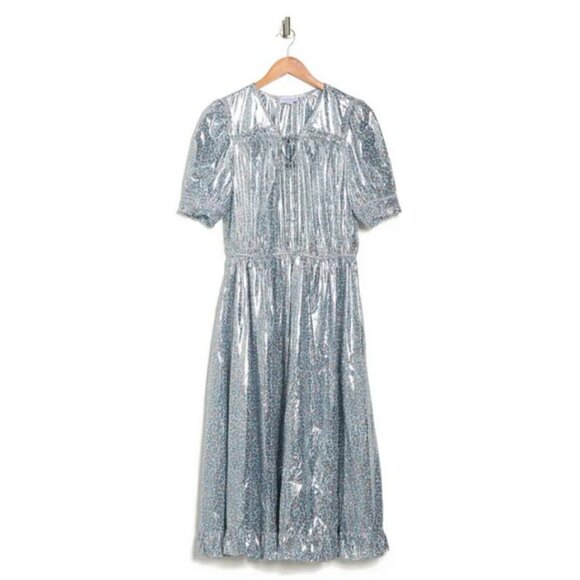 💕CURRENT AIR💕 Metallic Shine Midi Dress Shiny Blue Leopard Print Medium M NWT - Picture 6 of 15